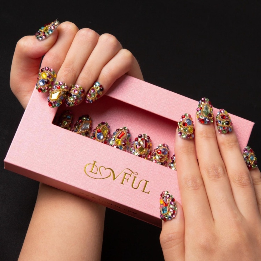 Lovful K21 Press-On Full Crystal Bling Almond Shape Reusable Short Fake Nails